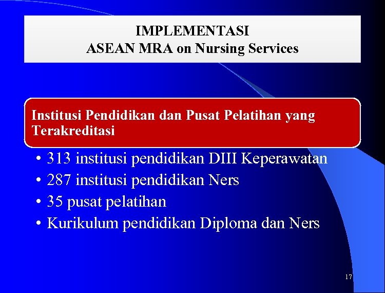 IMPLEMENTASI ASEAN MRA on Nursing Services Institusi Pendidikan dan Pusat Pelatihan yang Terakreditasi •