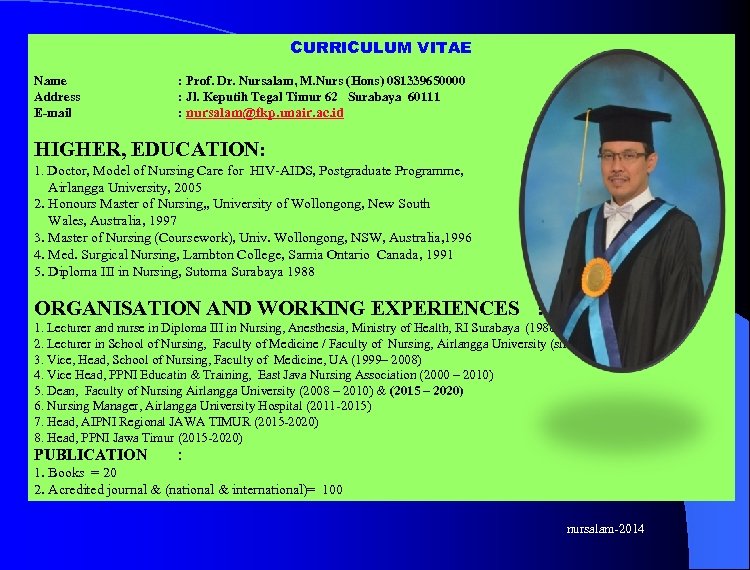 CURRICULUM VITAE Name Address E-mail : Prof. Dr. Nursalam, M. Nurs (Hons) 081339650000 :