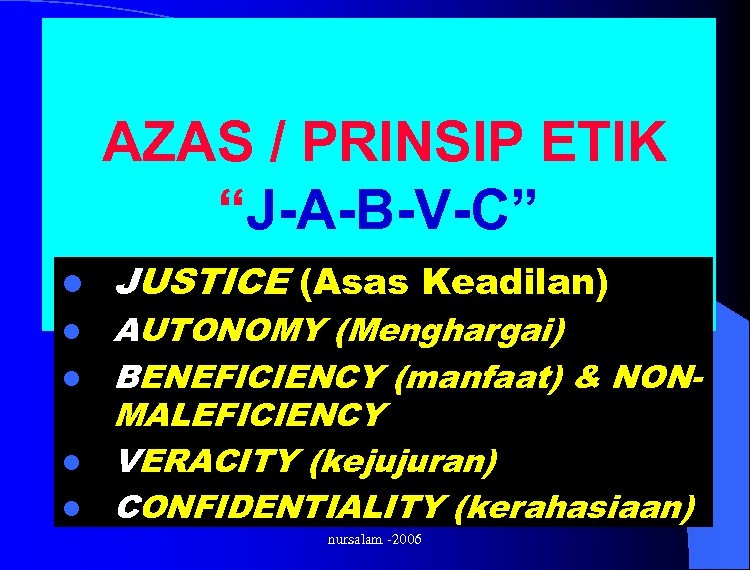 AZAS / PRINSIP ETIK “J-A-B-V-C” l l l JUSTICE (Asas Keadilan) AUTONOMY (Menghargai) BENEFICIENCY