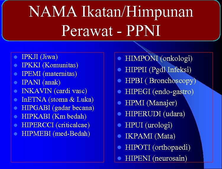 NAMA Ikatan/Himpunan Perawat - PPNI l l l l l IPKJI (Jiwa) IPKKI (Komunitas)