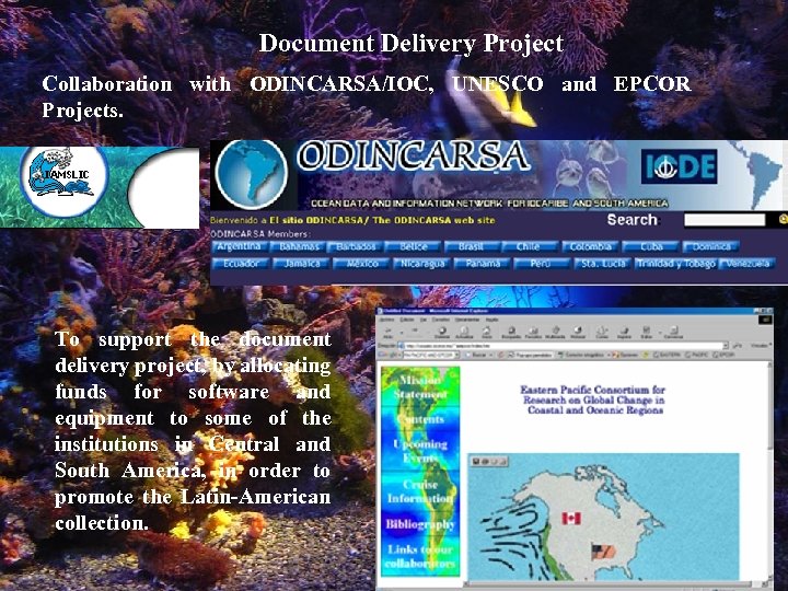 Document Delivery Project Collaboration with ODINCARSA/IOC, UNESCO and EPCOR Projects. To support the document