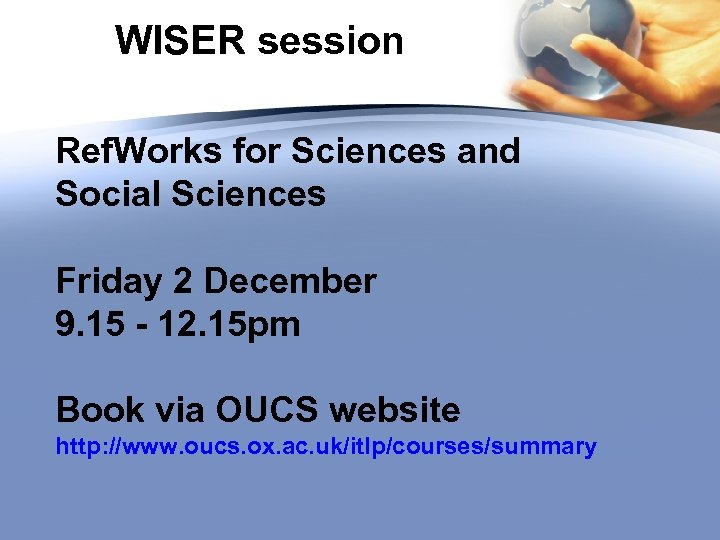 WISER session Ref. Works for Sciences and Social Sciences Friday 2 December 9. 15