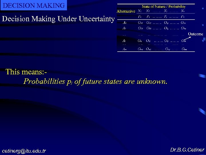 DECISION MAKING Decision Making Under Uncertainty This means: Probabilities pj of future states are