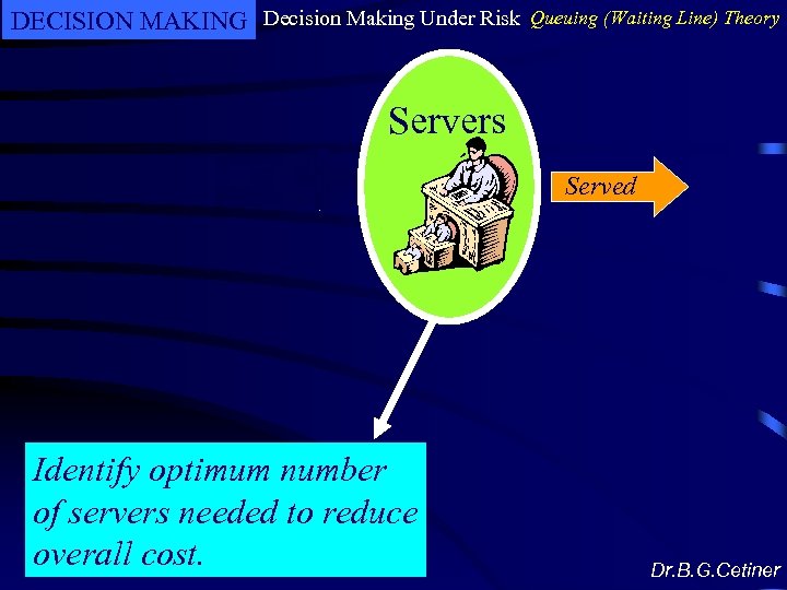 DECISION MAKING Decision Making Under Risk Queuing (Waiting Line) Theory Servers Arrivals Identify optimum