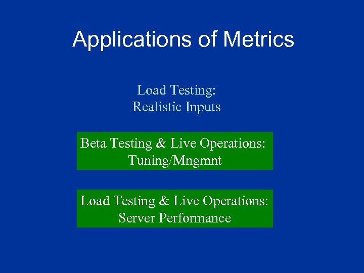 Applications of Metrics Load Testing: Realistic Inputs Beta Testing & Live Operations: Tuning/Mngmnt Load