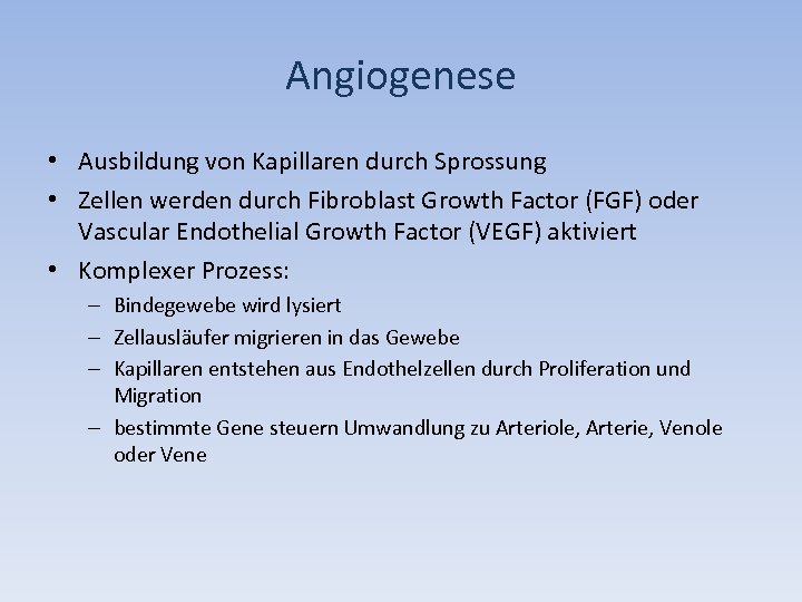 Angiogenese • Ausbildung von Kapillaren durch Sprossung • Zellen werden durch Fibroblast Growth Factor