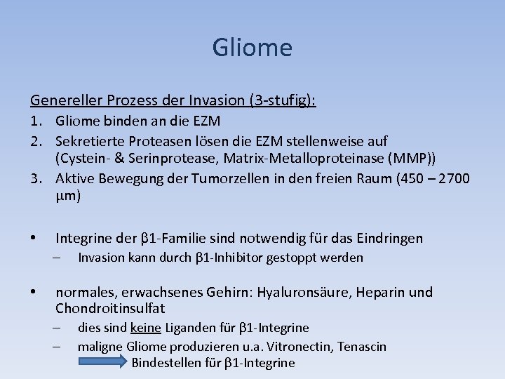 Gliome Genereller Prozess der Invasion (3 -stufig): 1. Gliome binden an die EZM 2.