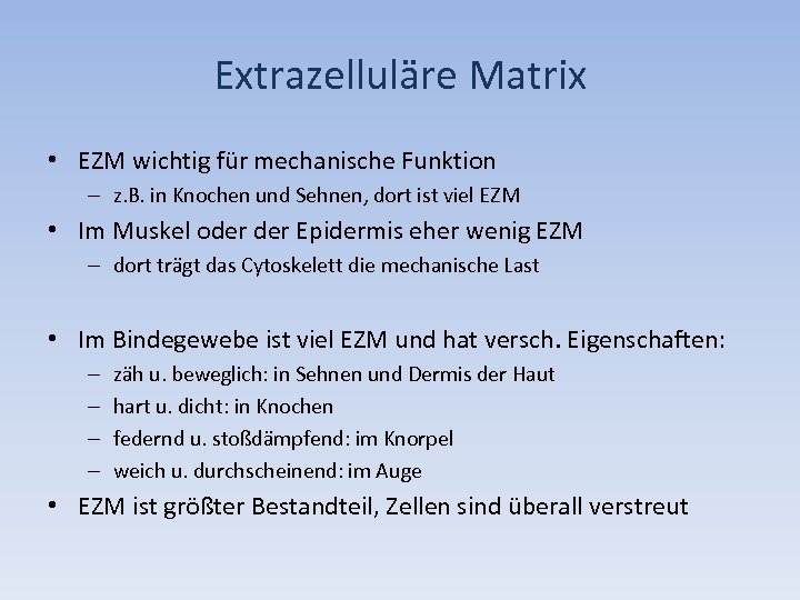 Extrazelluläre Matrix • EZM wichtig für mechanische Funktion – z. B. in Knochen und