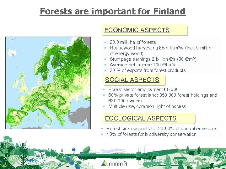 Forests are important for Finland ECONOMIC ASPECTS § 20. 3 mill. ha of forests