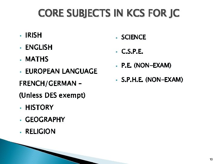 CORE SUBJECTS IN KCS FOR JC § IRISH § § ENGLISH SCIENCE C. S.