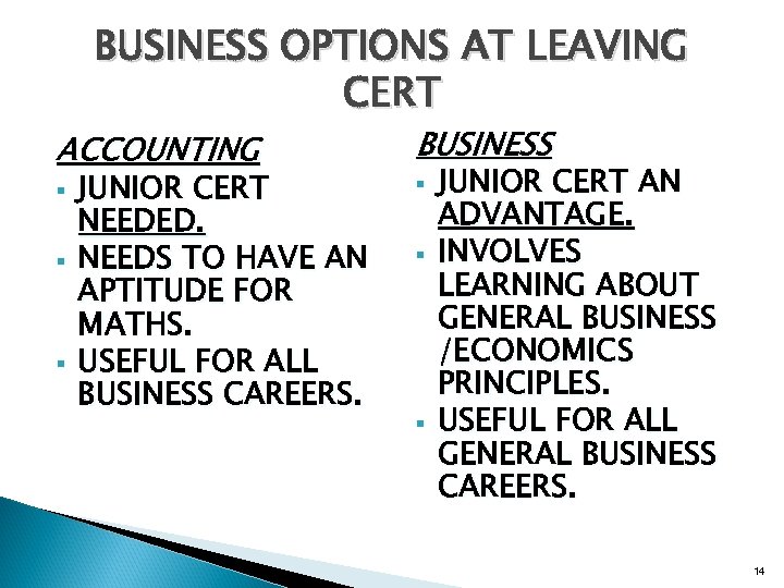 BUSINESS OPTIONS AT LEAVING CERT ACCOUNTING § § § JUNIOR CERT NEEDED. NEEDS TO