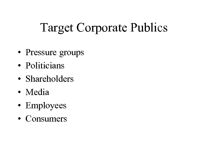 Target Corporate Publics • • • Pressure groups Politicians Shareholders Media Employees Consumers 