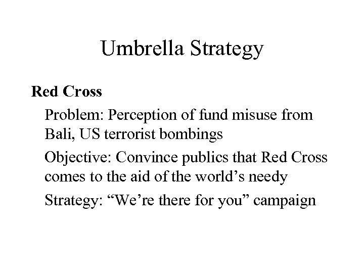 Umbrella Strategy Red Cross Problem: Perception of fund misuse from Bali, US terrorist bombings