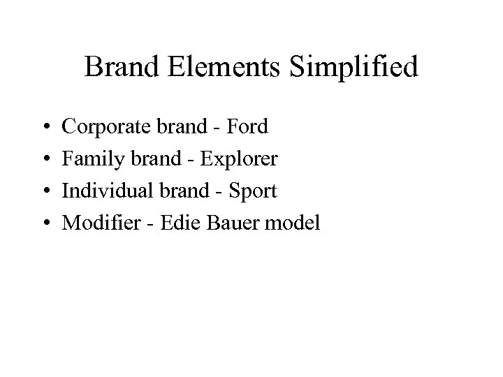 Brand Elements Simplified • • Corporate brand - Ford Family brand - Explorer Individual