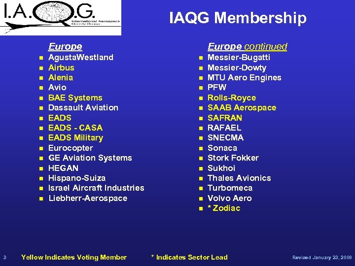 IAQG Membership Europe n n n n Agusta. Westland Airbus Alenia Avio BAE Systems