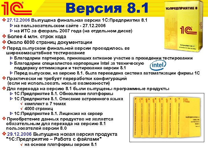 Версия 8. 1 27. 12. 2006 Выпущена финальная версия 1 С: Предприятия 8. 1