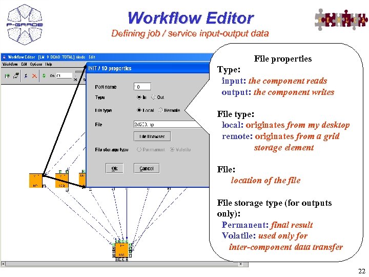 Workflow Editor Defining job / service input-output data File properties Type: input: the component