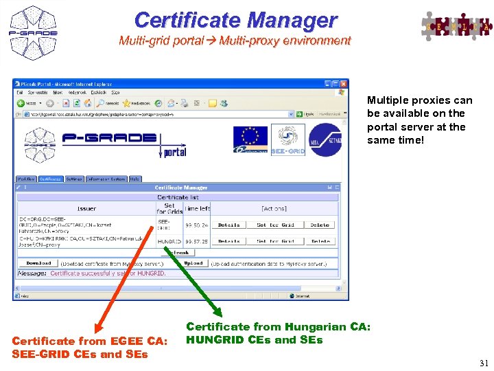 Certificate Manager Multi-grid portal Multi-proxy environment Multiple proxies can be available on the portal