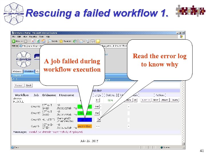 Rescuing a failed workflow 1. A job failed during workflow execution Read the error