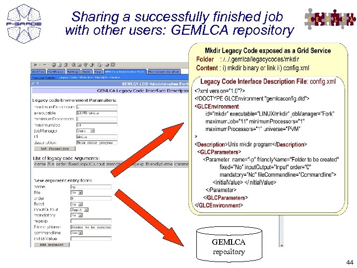 Sharing a successfully finished job with other users: GEMLCA repository 44 