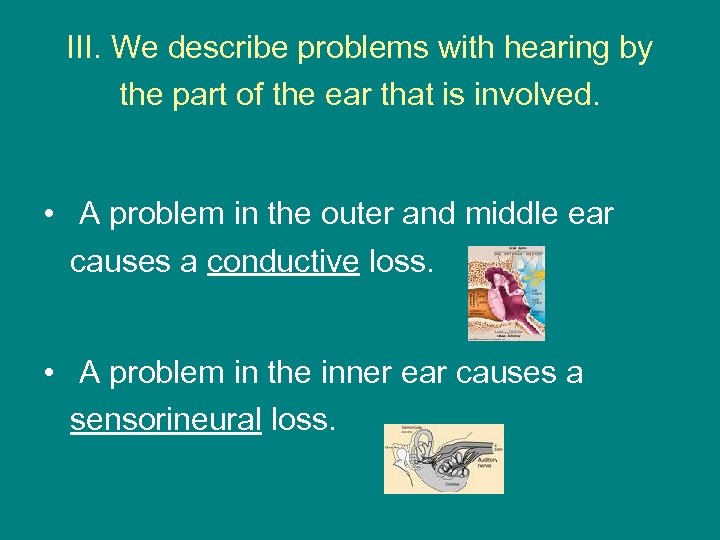 III. We describe problems with hearing by the part of the ear that is