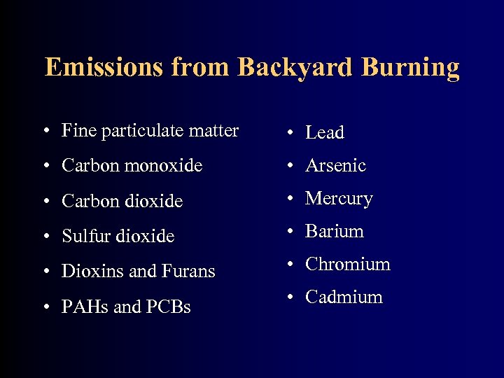 Emissions from Backyard Burning • Fine particulate matter • Lead • Carbon monoxide •