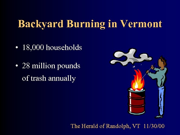 Backyard Burning in Vermont • 18, 000 households • 28 million pounds of trash