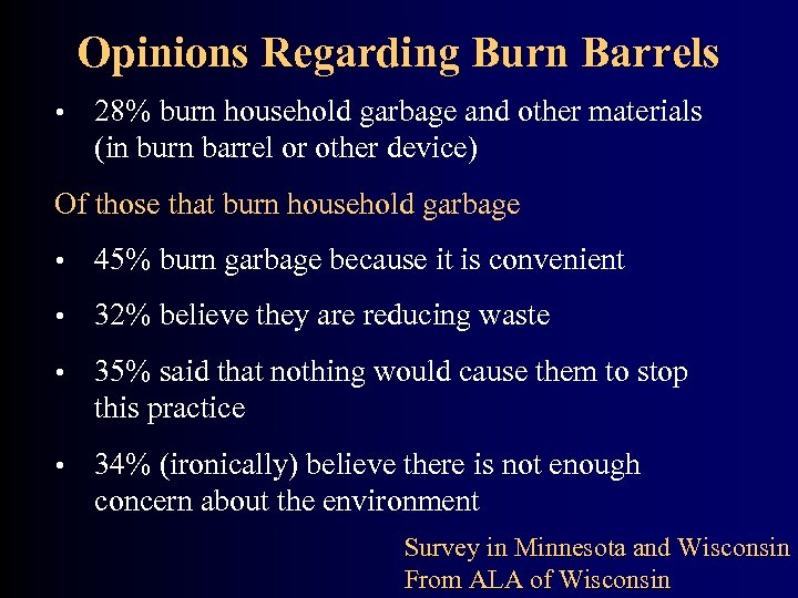 Opinions Regarding Burn Barrels • 28% burn household garbage and other materials (in burn