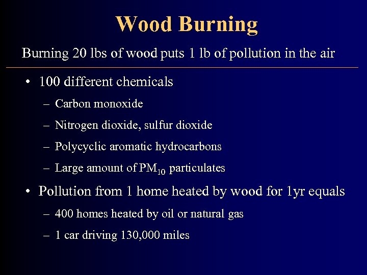 Wood Burning 20 lbs of wood puts 1 lb of pollution in the air