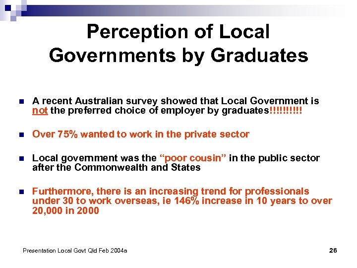 Perception of Local Governments by Graduates n A recent Australian survey showed that Local