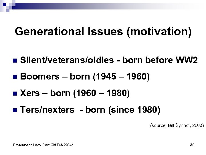 Generational Issues (motivation) n Silent/veterans/oldies - born before WW 2 n Boomers – born