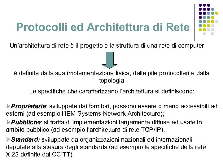 Protocolli ed Architettura di Rete Un’architettura di rete è il progetto e la struttura