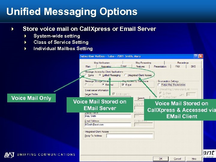 Unified Messaging Options 4 Store voice mail on Call. Xpress or Email Server 4