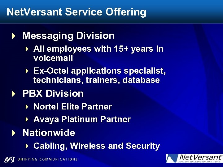 Net. Versant Service Offering 4 Messaging Division 4 All employees with 15+ years in