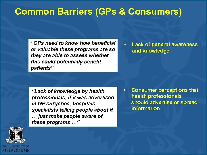 Common Barriers (GPs & Consumers) “GPs need to know how beneficial or valuable these