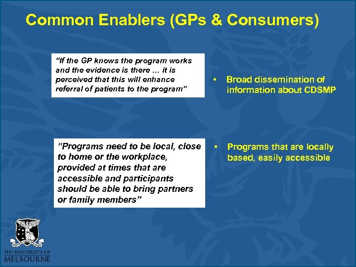 Common Enablers (GPs & Consumers) “If the GP knows the program works and the