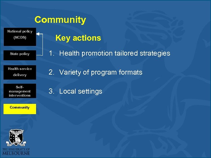 Community National policy (NCDS) State policy Health service delivery Selfmanagement interventions Community Key actions