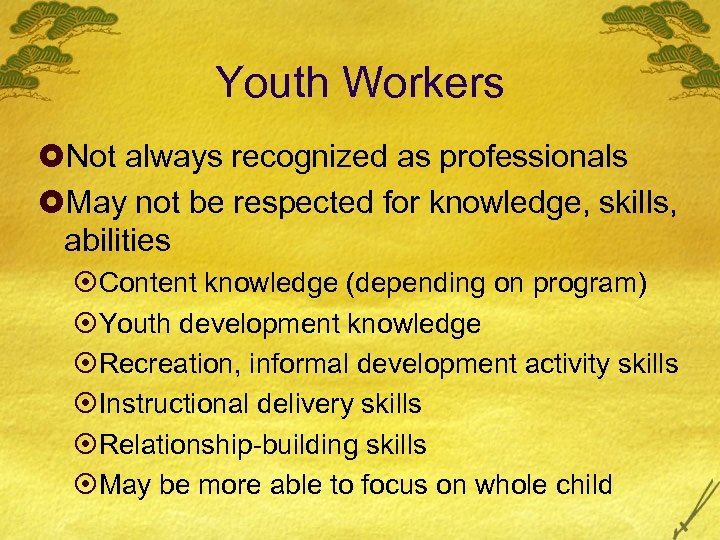 Youth Workers £Not always recognized as professionals £May not be respected for knowledge, skills,