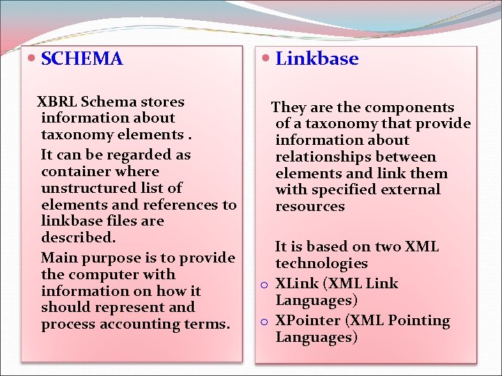  SCHEMA Linkbase XBRL Schema stores information about taxonomy elements. It can be regarded