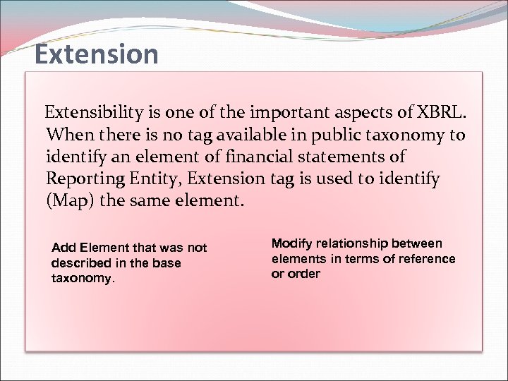 Extension Extensibility is one of the important aspects of XBRL. When there is no