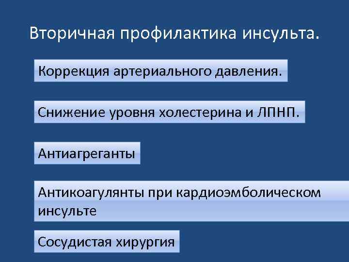 Вторичная профилактика инсульта. Коррекция артериального давления. Снижение уровня холестерина и ЛПНП. Антиагреганты Антикоагулянты при