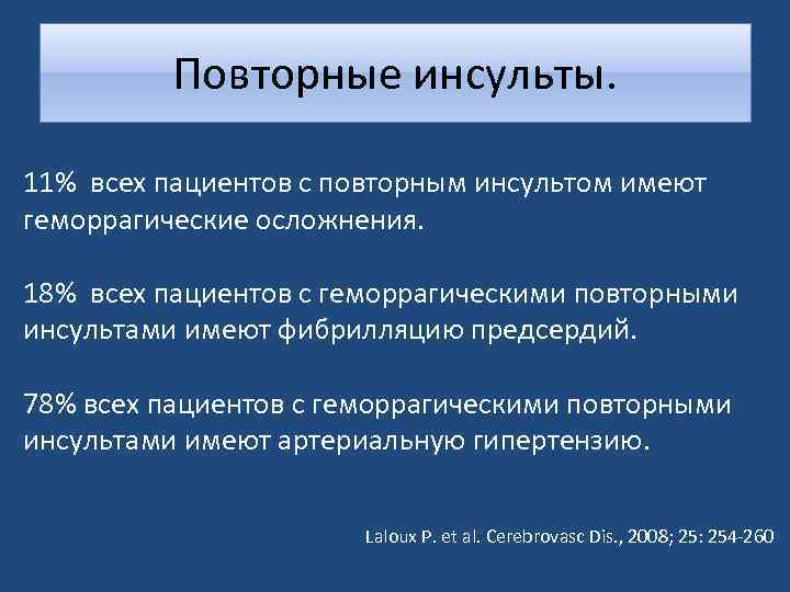  Повторные инсульты. 11% всех пациентов с повторным инсультом имеют геморрагические осложнения. 18% всех