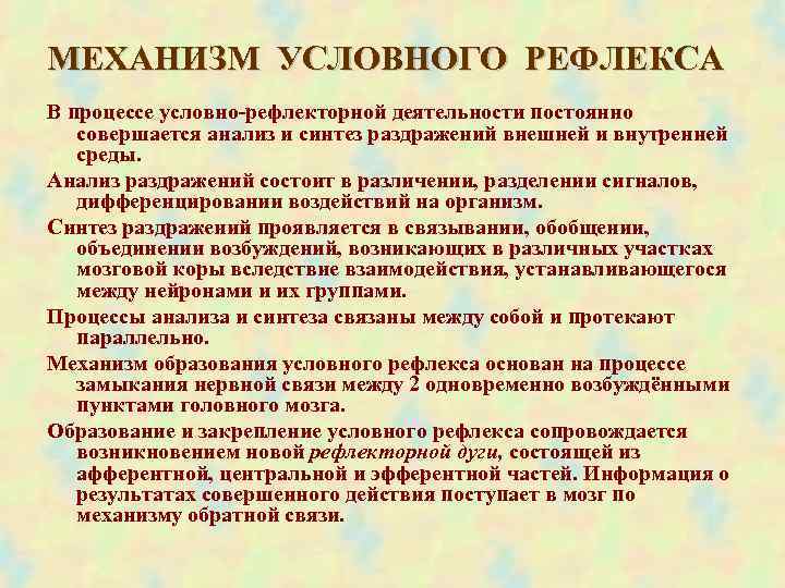 МЕХАНИЗМ УСЛОВНОГО РЕФЛЕКСА В процессе условно-рефлекторной деятельности постоянно совершается анализ и синтез раздражений внешней