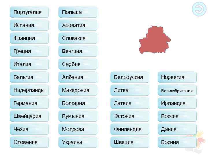 Португалия Польша Испания Хорватия Франция Словакия Греция Венгрия Италия Сербия Бельгия Албания Белоруссия Норвегия