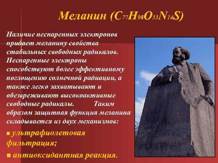  Меланин (С 77 Н 98 О 33 N 14 S) Наличие неспаренных электронов