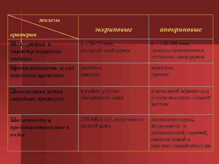  железы эккриновые апокриновые критерии топография и d ~ 30 -35 мкм, d ~