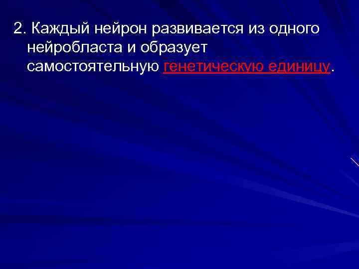 2. Каждый нейрон развивается из одного нейробласта и образует самостоятельную генетическую единицу. 