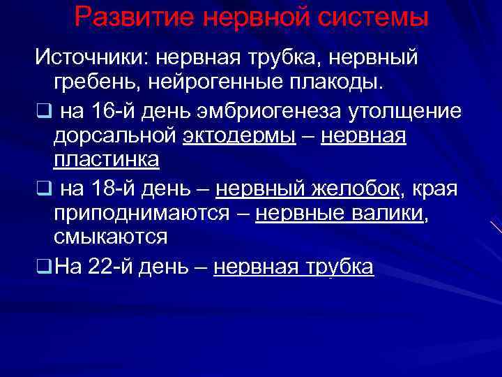  Развитие нервной системы Источники: нервная трубка, нервный гребень, нейрогенные плакоды. q на 16