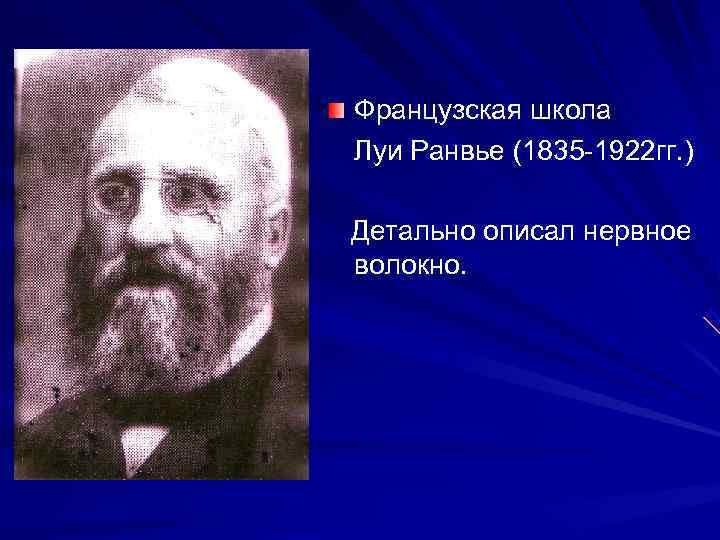 Французская школа Луи Ранвье (1835 -1922 гг. ) Детально описал нервное волокно. 