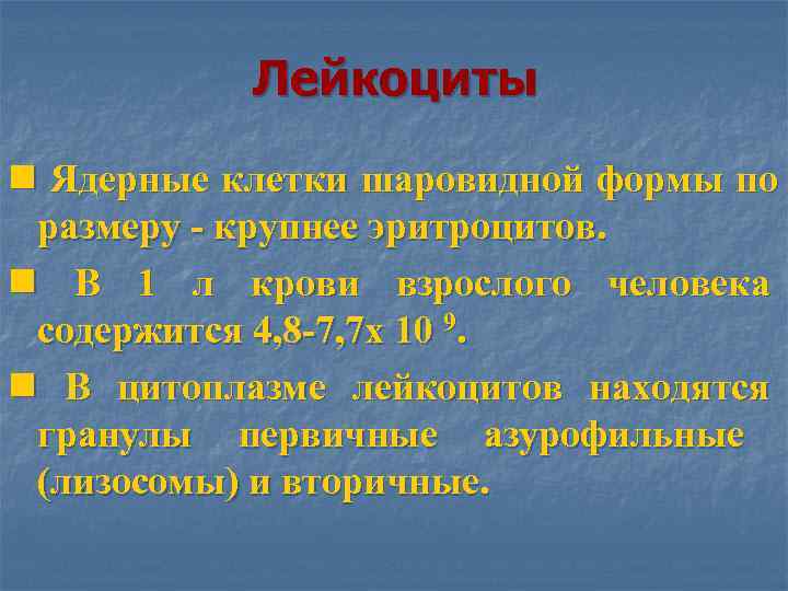  Лейкоциты n Ядерные клетки шаровидной формы по размеру - крупнее эритроцитов. n В